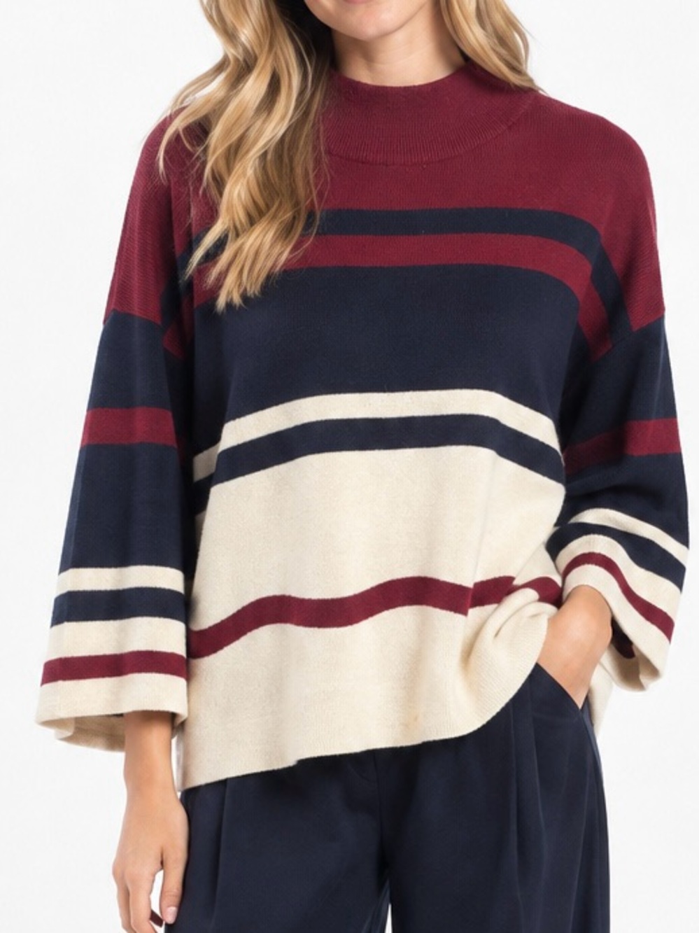 LOFT Multi Stripe Mock Neck Wool Blend Pullover Sweater Modern Prep Minimalist